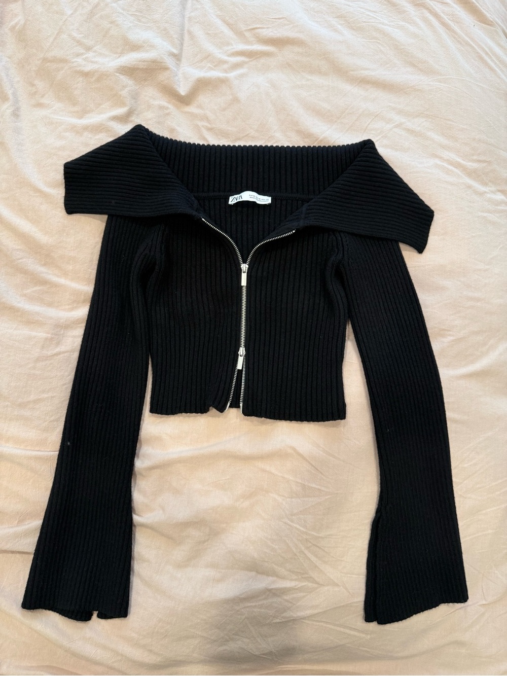 Zara Ribbed Off-Shoulder Zip Sweater